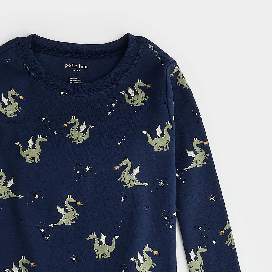 Fire-Breathing Dragon Print on Navy Blue PJ Set