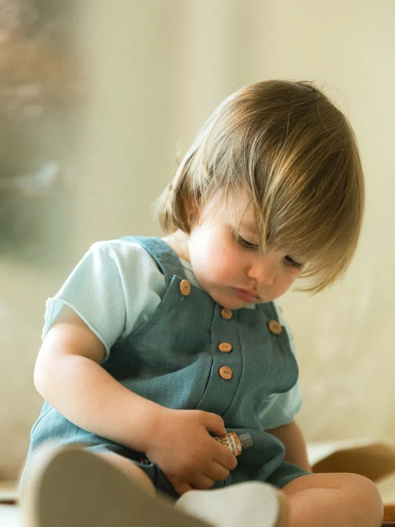 Baby Linen Blend Dungaree Shorts - Mint Blue