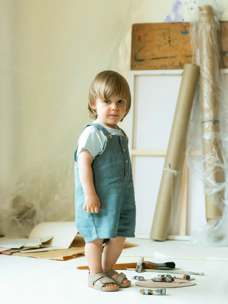 Baby Linen Blend Dungaree Shorts - Mint Blue