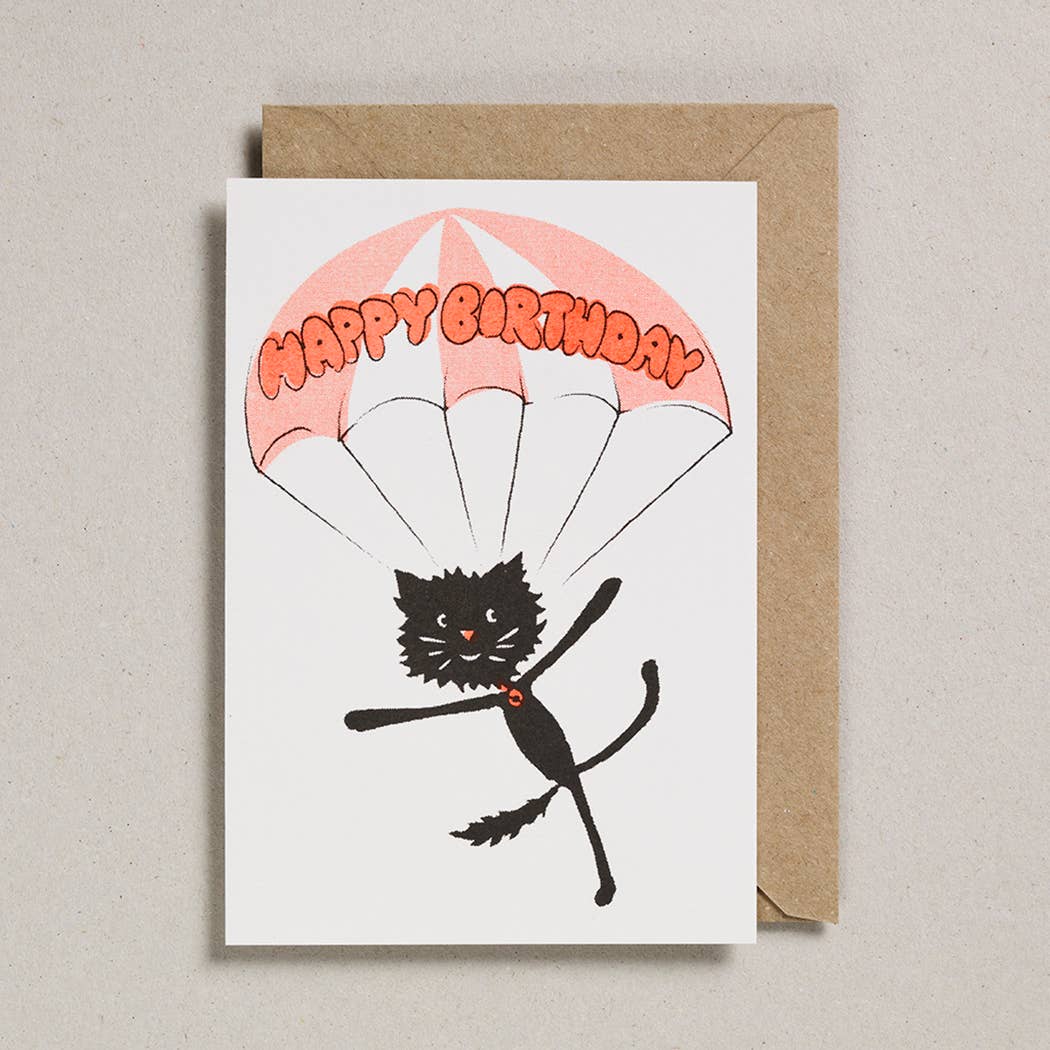 Rascal Cat Parachute Birthday Card