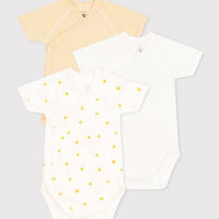 Wrapover Short-Sleeved Printed Cotton Bodysuit - Pack of 3 (Suns)