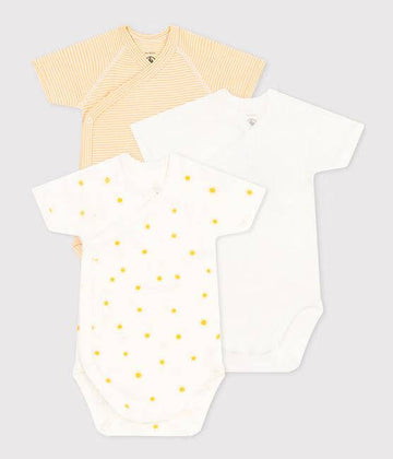 Wrapover Short-Sleeved Printed Cotton Bodysuit - Pack of 3 (Suns)