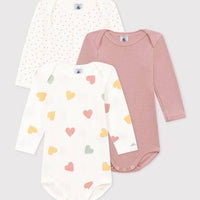 Long Sleeved Cotton Bodysuits 3-Pack - Hearts