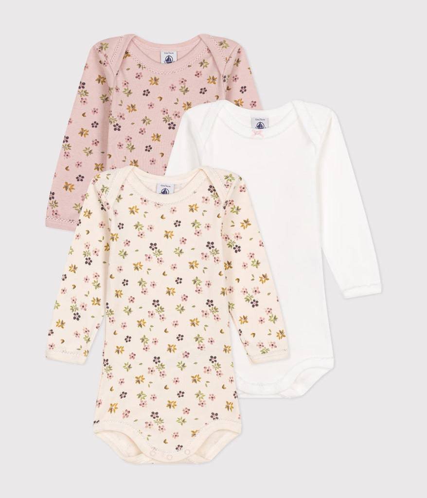 Set of 3 Long-sleeved Cotton Flower Bodysuits