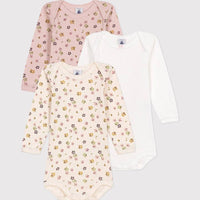 Set of 3 Long-sleeved Cotton Flower Bodysuits