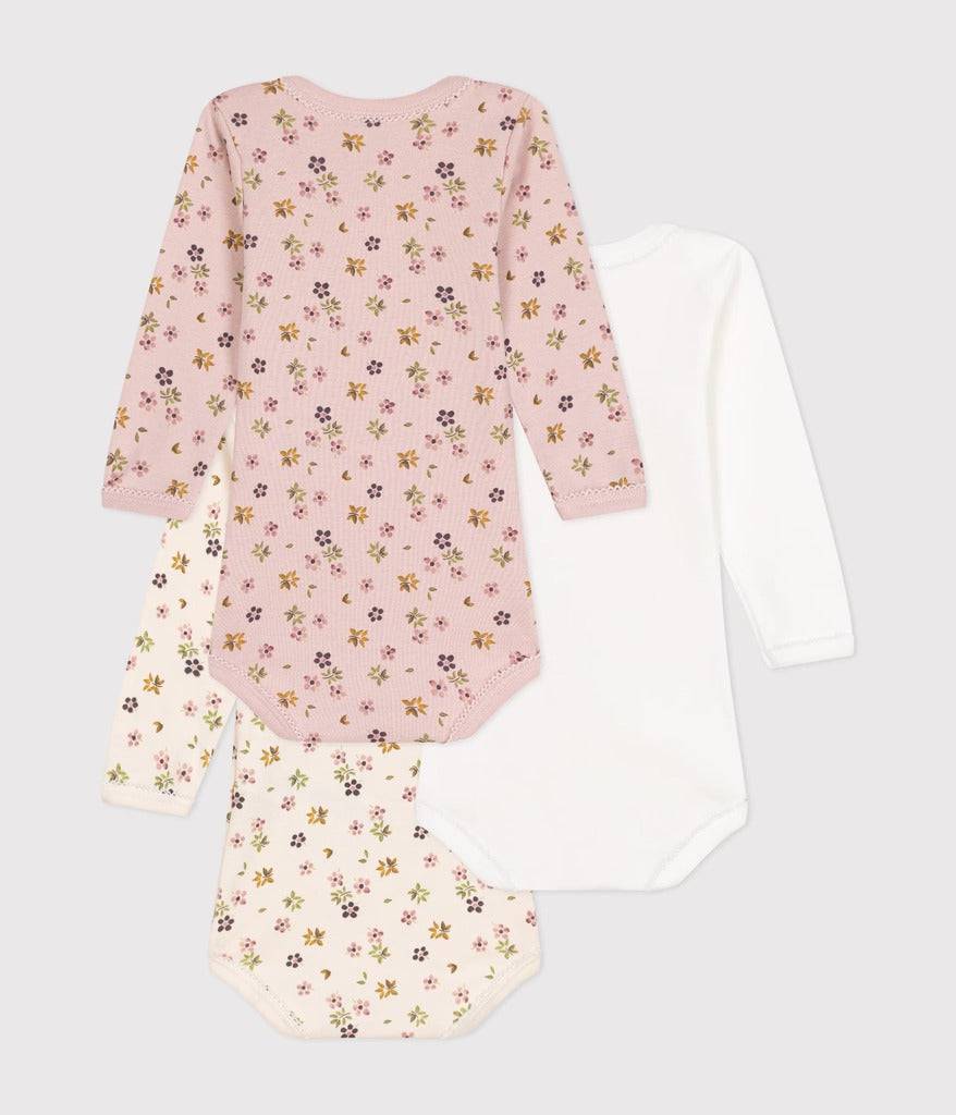 Set of 3 Long-sleeved Cotton Flower Bodysuits