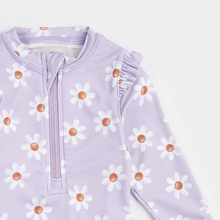 Daisy Print On Lavender Long-Sleeve Swimsuit