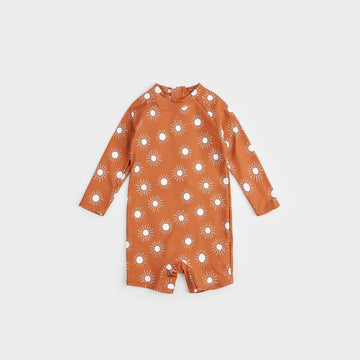 Sun Print On Apricot Long-Sleeve Swim Romper