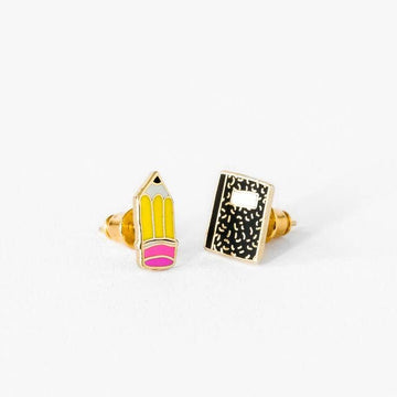 Pencil & Composition Notebook Earrings - Gold Teacher Studs